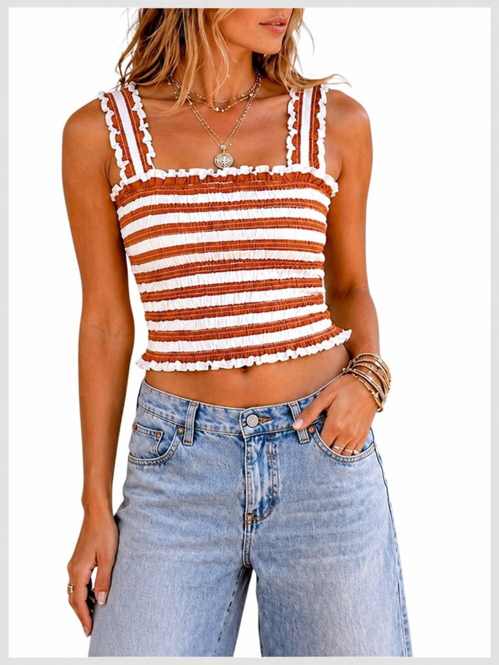 Veronica Beard Smocked Tank Sienna Ivory Stripe Ruffle Trim Top S